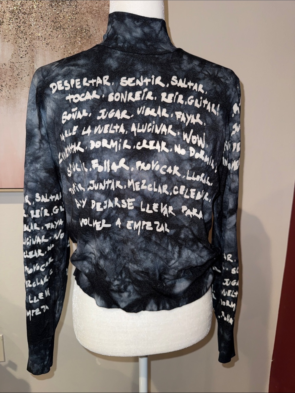 Desigual Black and Gray Tie-Dye Script Mock Neck Top